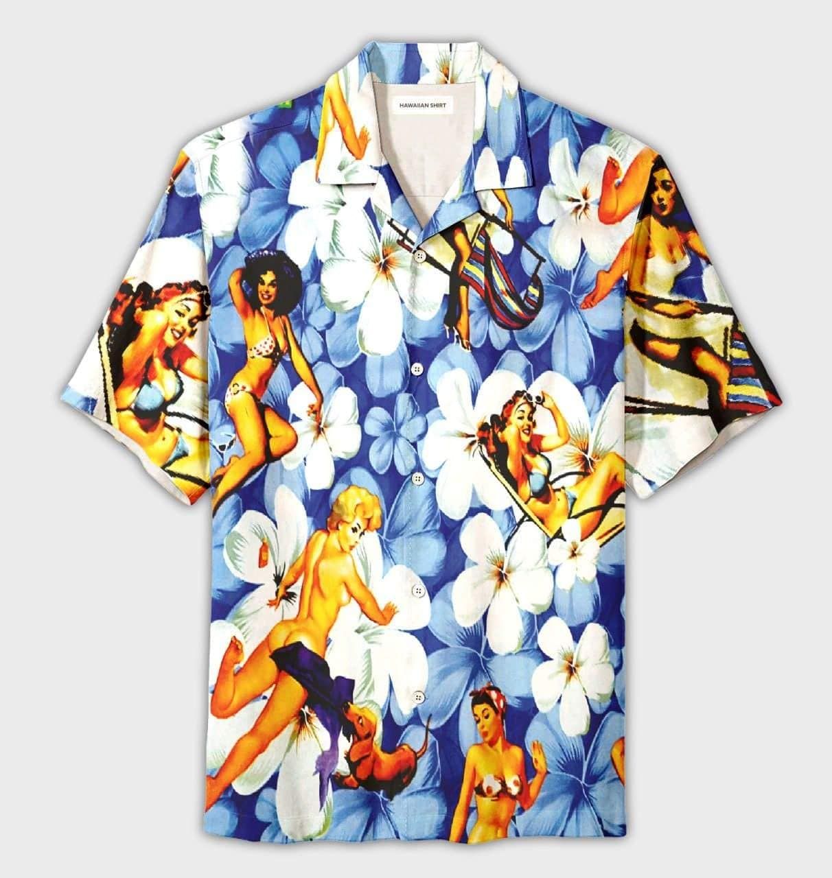 Felacia [Hawaii Shirt] Sexy Girls Retro Tropical Blue Hawaiian Aloha Shirts-ZX2492
